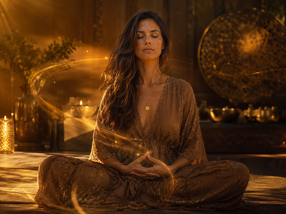 Woman seated in a calm meditation practice in warm golden light