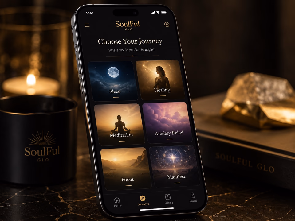 SoulFul GLO lydhealing-app, der viser beroligende lydrejser til søvn, healing, meditation, angstlindring, fokus og manifestation
