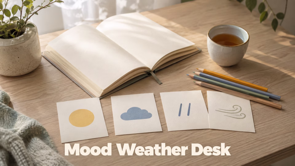 Journal, coloured pencils, weather-symbol cards and tea arranged on a bright desk
